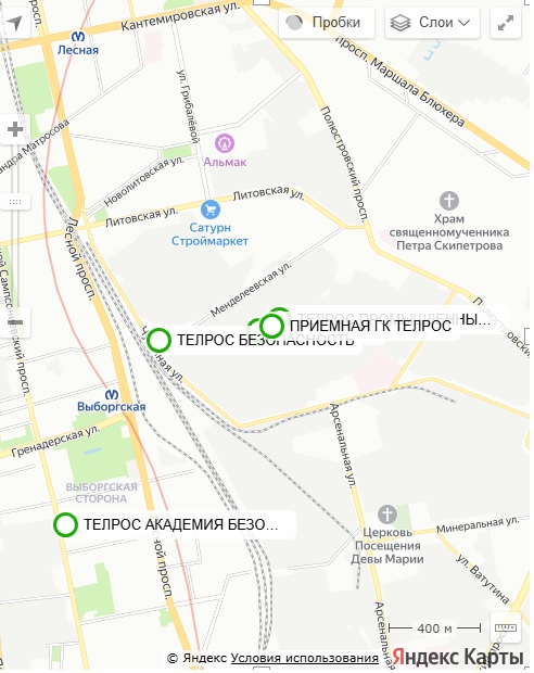 Карта: офисы ТЕЛРОС — Санкт-Петербург, Чугунная ул., 14 и Менделеевская ул., 2